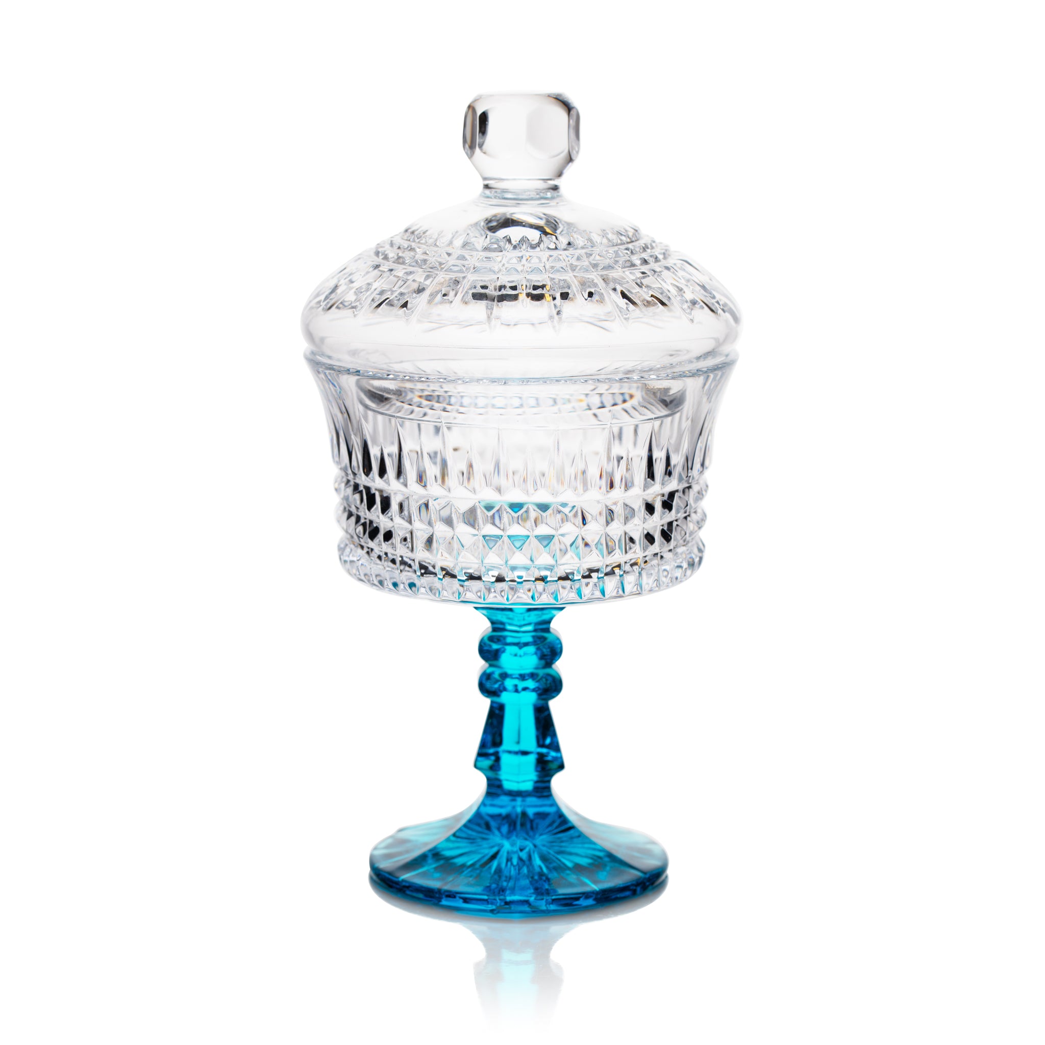 Crystal vase for candy "Shvedka" with lid (transparent with turquoise leg)